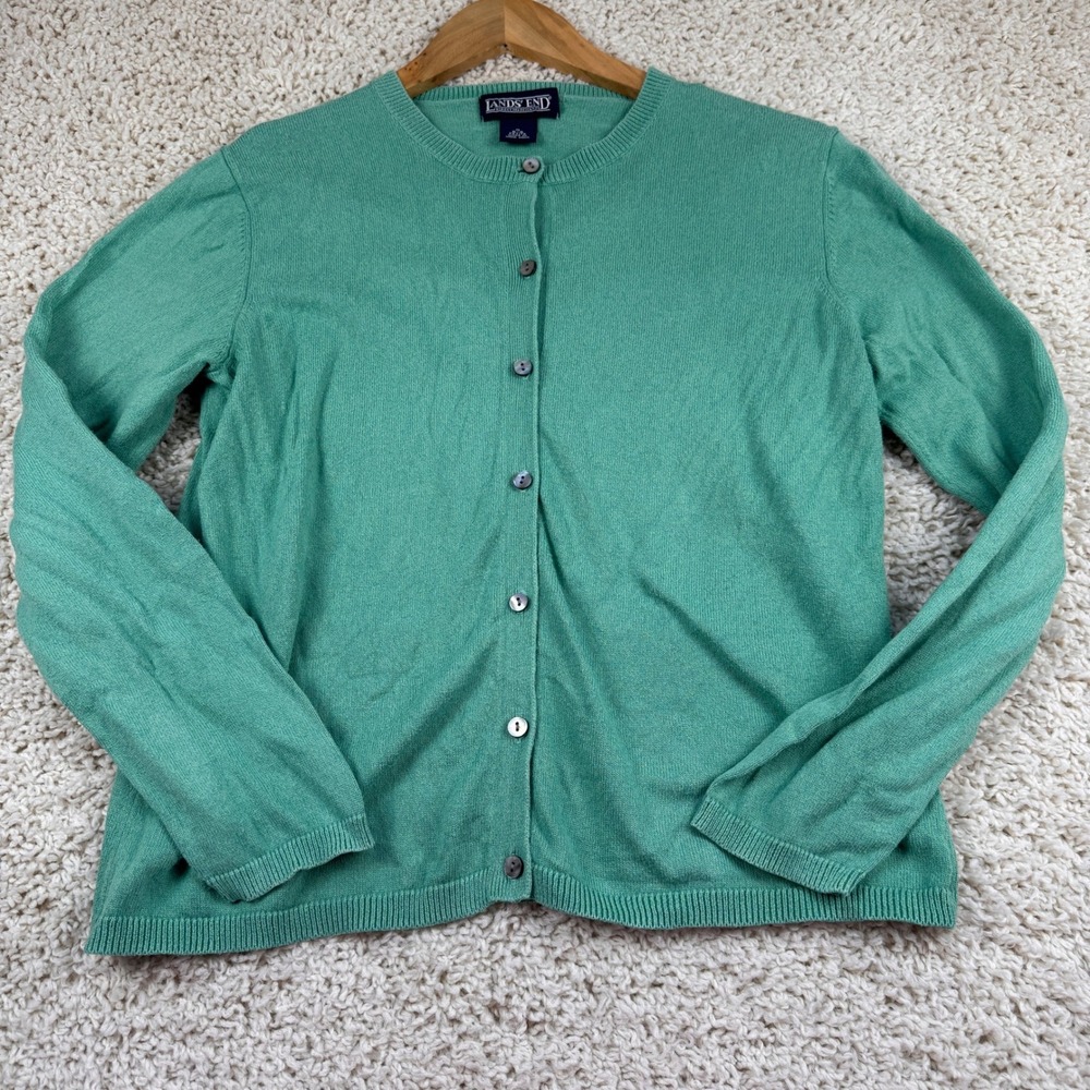 Lands End Cardigan Sweater Women Small Green Excellent 100% Cotton Crew Neck